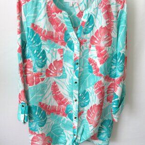 Coral Bay pink blue tropical 3/4 slv linen blend button front shirt/tunic *Sz L*